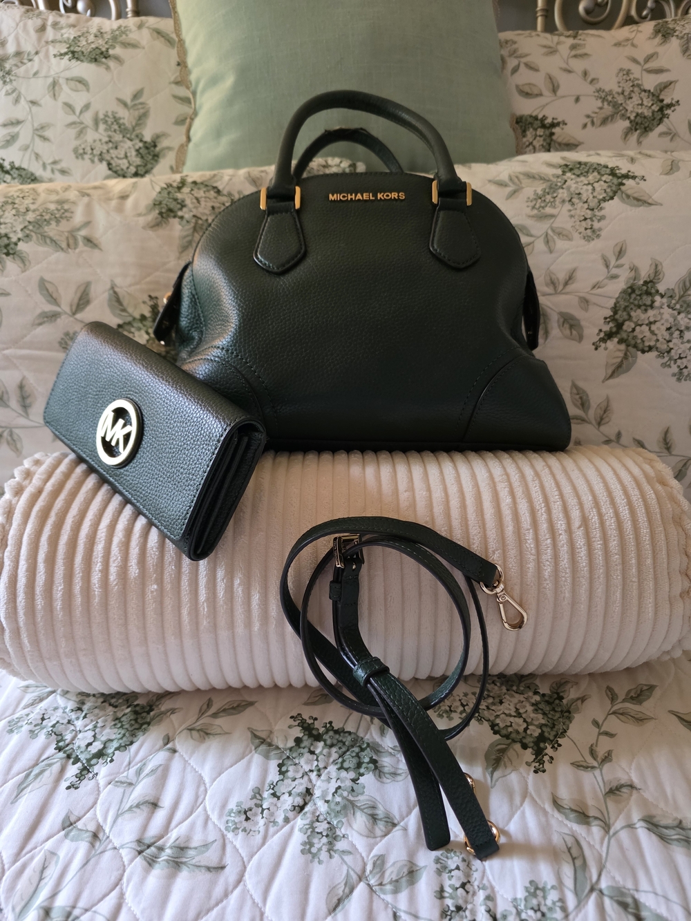 Michael Kors Dark Green Leather Satchel with Matching Wallet